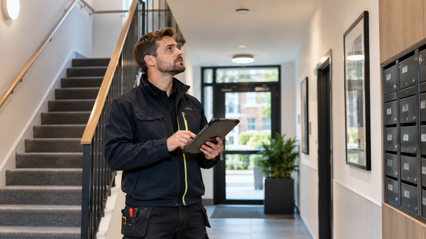 Inspector recording checks in the communal hallway of a residential block