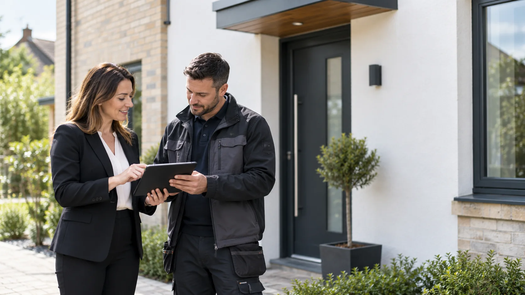 Property manager and maintenance contractor reviewing a job on a tablet outside a front door